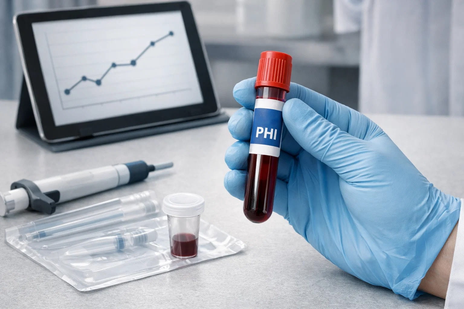 Лаборант держит пробирку с анализом крови на индекс здоровья простаты PHI.