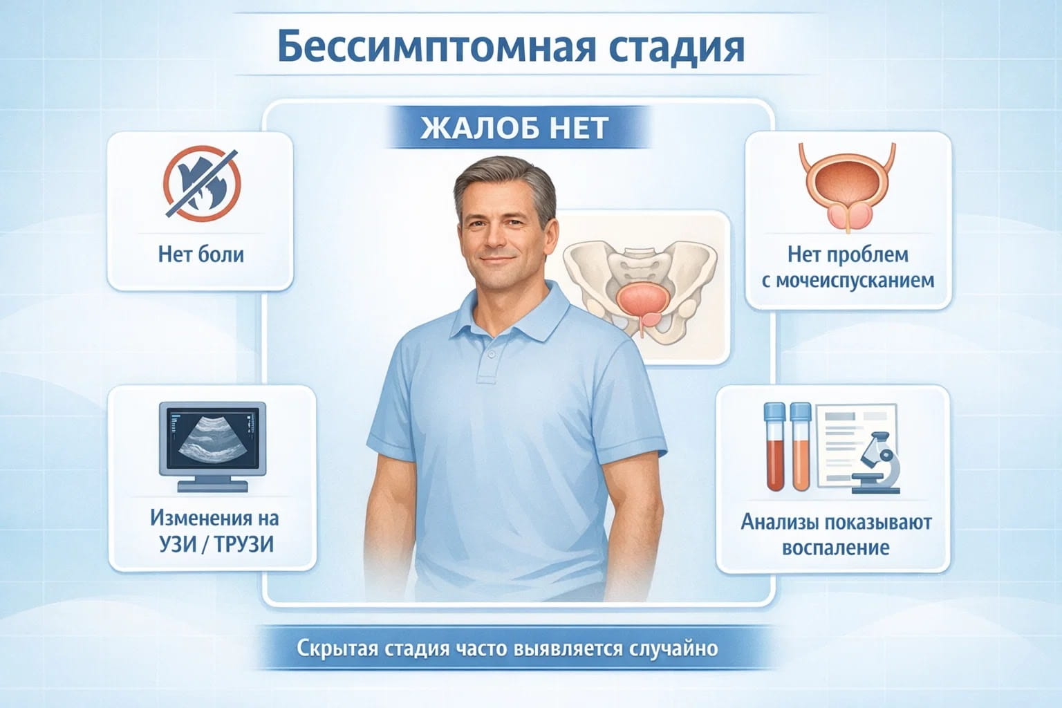 Инфографика о бессимптомной стадии простатита: жалоб нет, но изменения видны на УЗИ и в анализах.