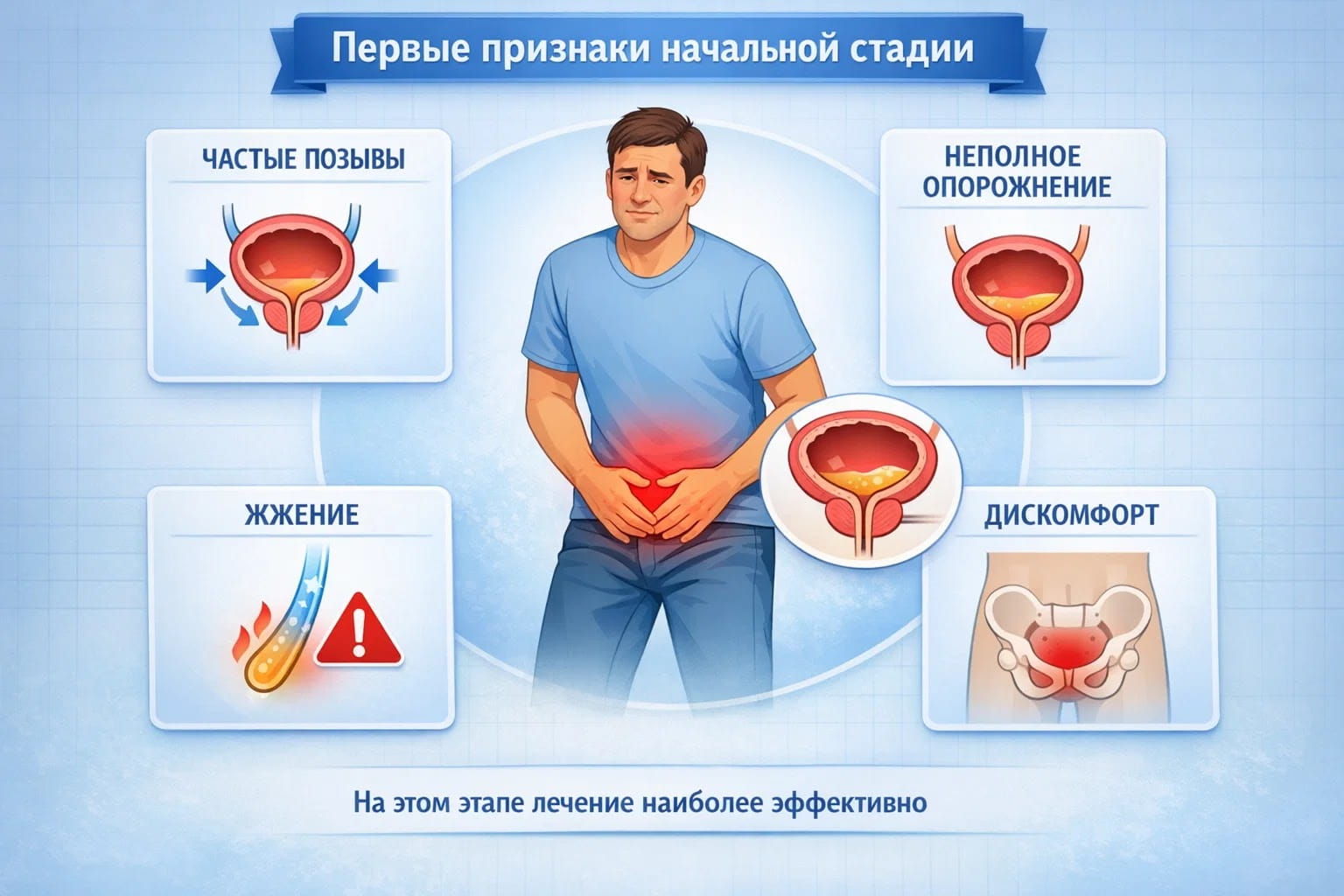 Инфографика с первыми признаками простатита: частые позывы, жжение, ощущение неполного опорожнения и дискомфорт в промежности.
