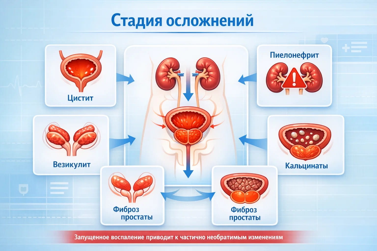 Инфографика об осложнениях запущенного простатита: цистит, пиелонефрит, фиброз простаты, кальцинаты и распространение инфекции.