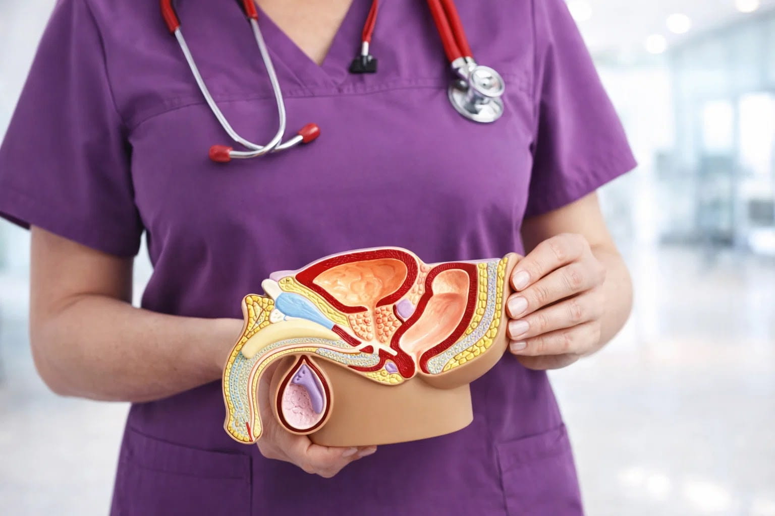 Врач держит макет мужской мочеполовой системы для демонстрации строения органов.
