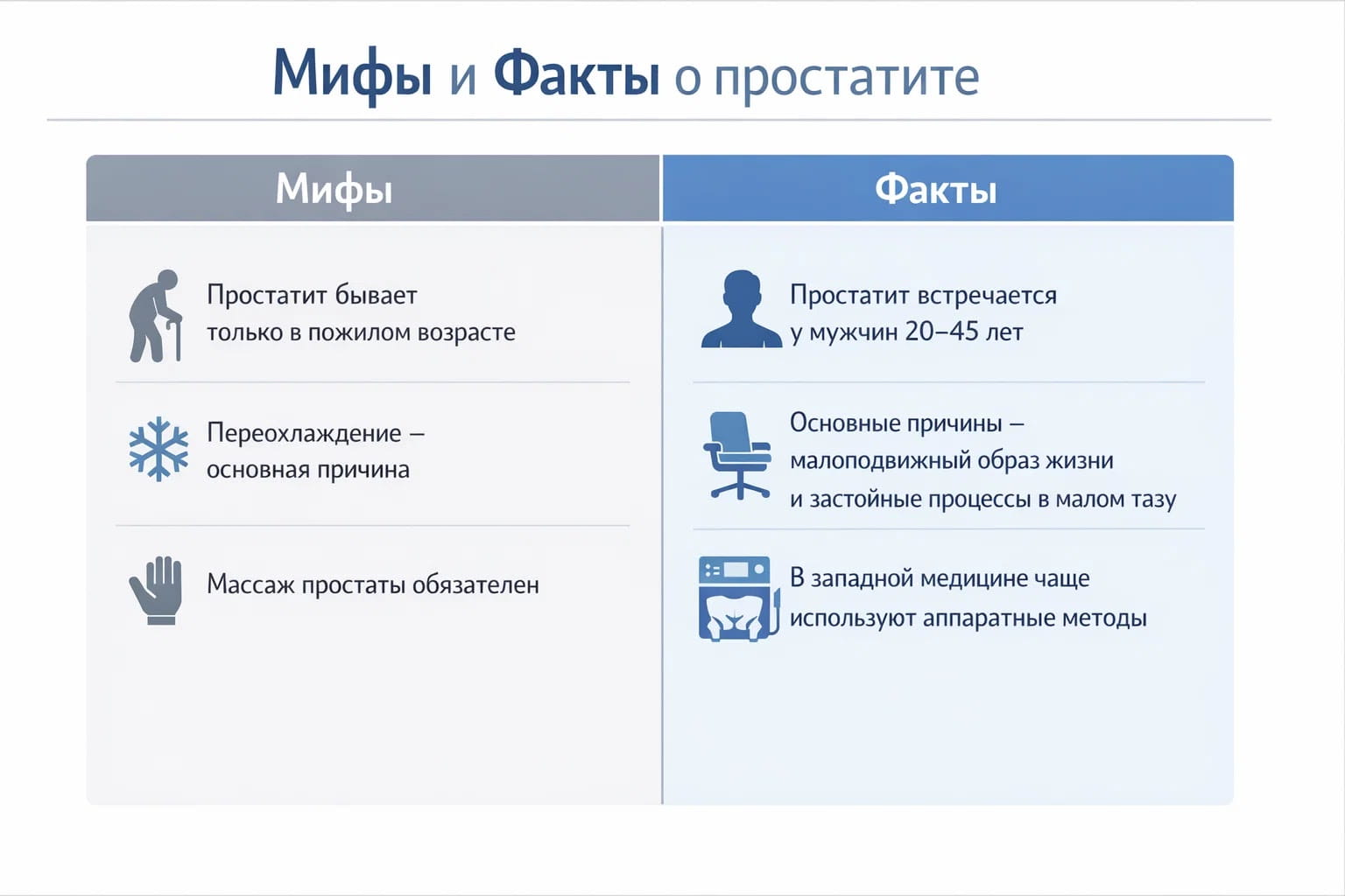 Таблица мифы и факты о простатите с описанием причин и методов лечения заболевания.