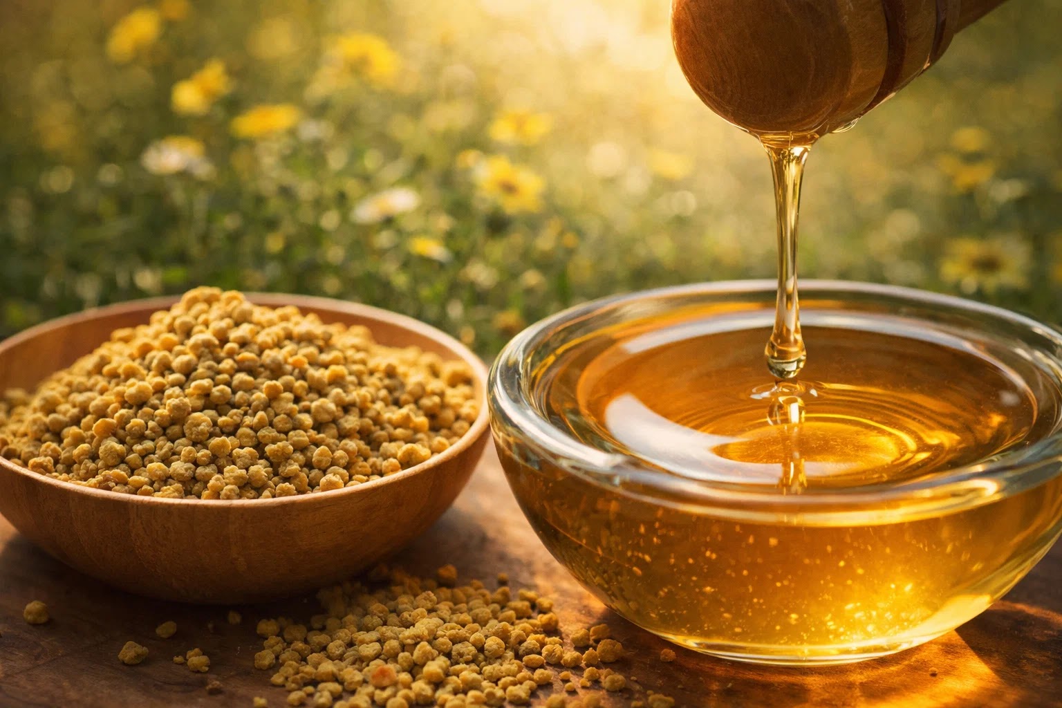 Натуральный прополис в деревянной чаше и струя свежего меда в стеклянной пиале.