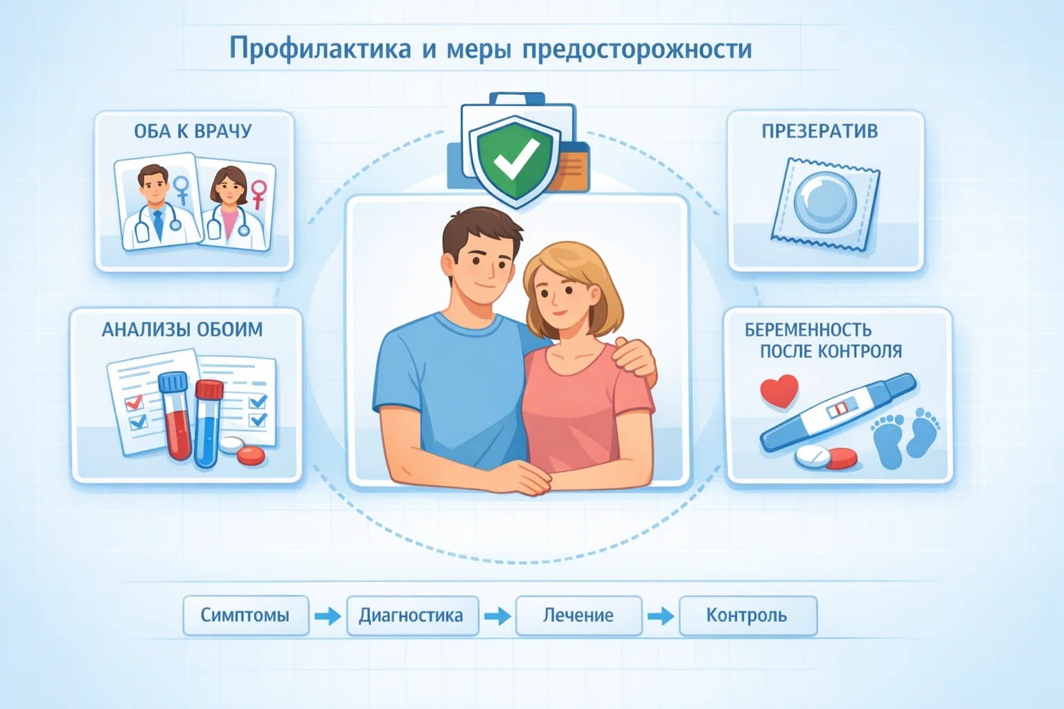 Инфографика о профилактике рисков для пары при простатите: обследование обоих партнеров, презерватив, лечение до чистых анализов и подготовка к беременности.