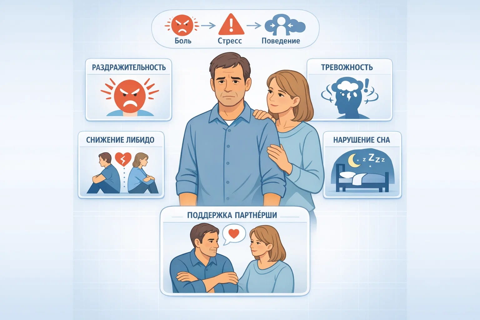 Инфографика о психоэмоциональных изменениях мужчины при хроническом простатите: раздражительность, тревожность, снижение либидо, замкнутость и поддержка партнерши.