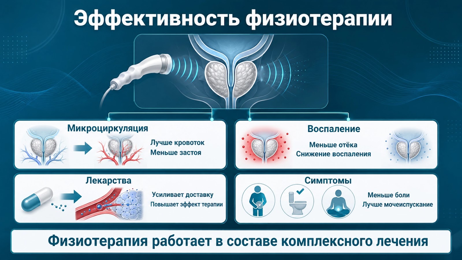 Медицинская инфографика об эффективности физиотерапевтического лечения: уменьшение воспаления, улучшение кровотока, усиление действия лекарств и снижение симптомов.