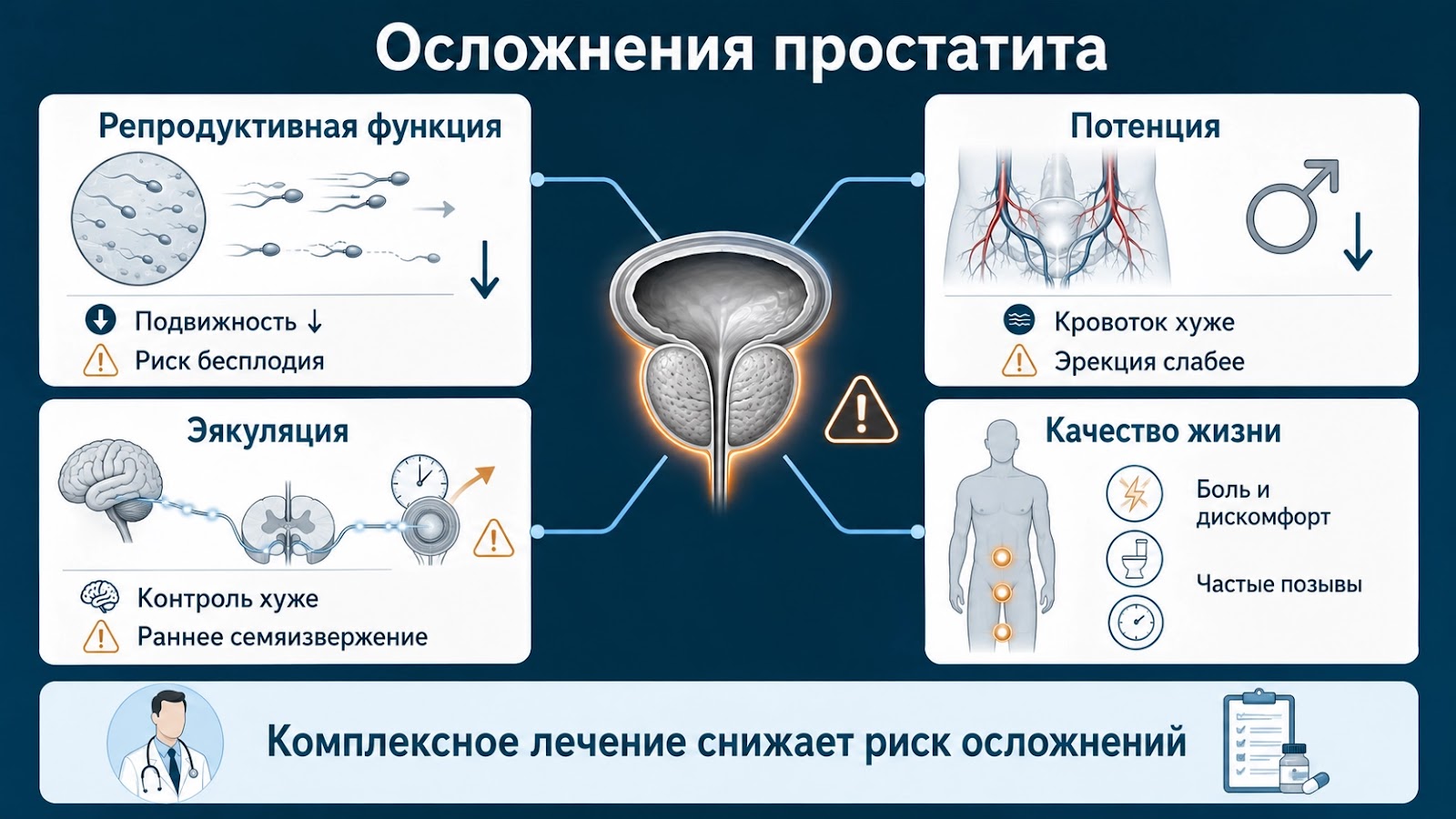 Медицинская инфографика о возможных осложнениях хронического простатита: бесплодие, снижение потенции, нарушения эякуляции, боль и ухудшение качества жизни.