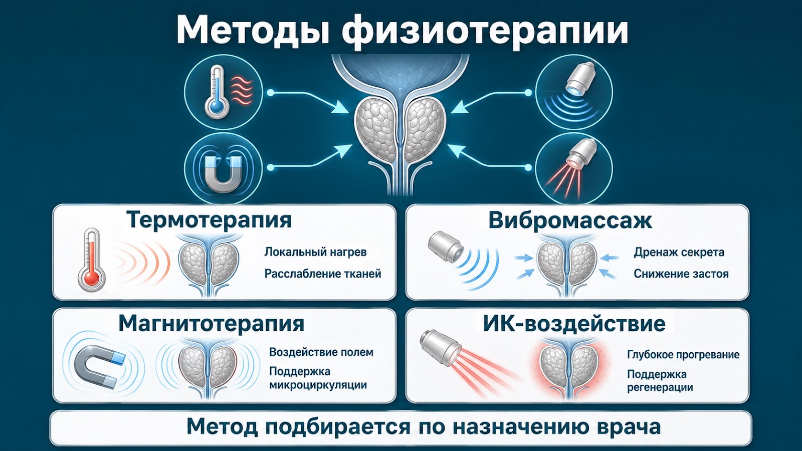 Медицинская инфографика о методах физиотерапии при простатите: тепло, вибрация, магнитное поле и инфракрасное воздействие.