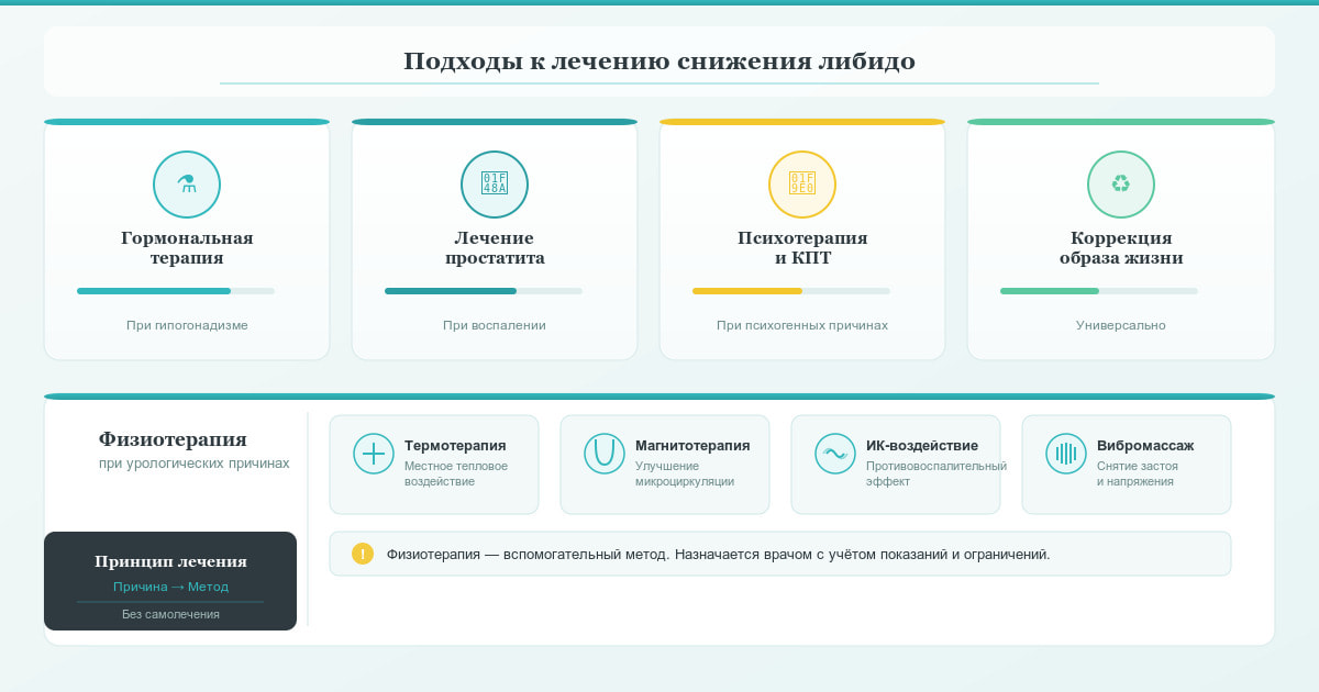 Подходы к лечению снижения либидо у мужчин: гормональная терапия, лечение простатита, психотерапия, коррекция образа жизни и физиотерапия.