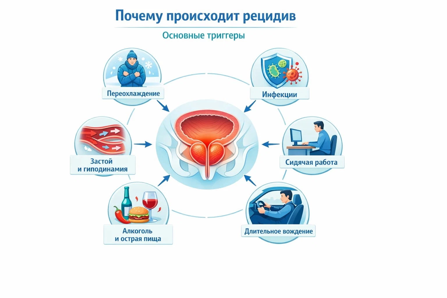 Инфографика с основными триггерами рецидива простатита: переохлаждение, инфекции, сидячая работа, застой, алкоголь и вредная еда.