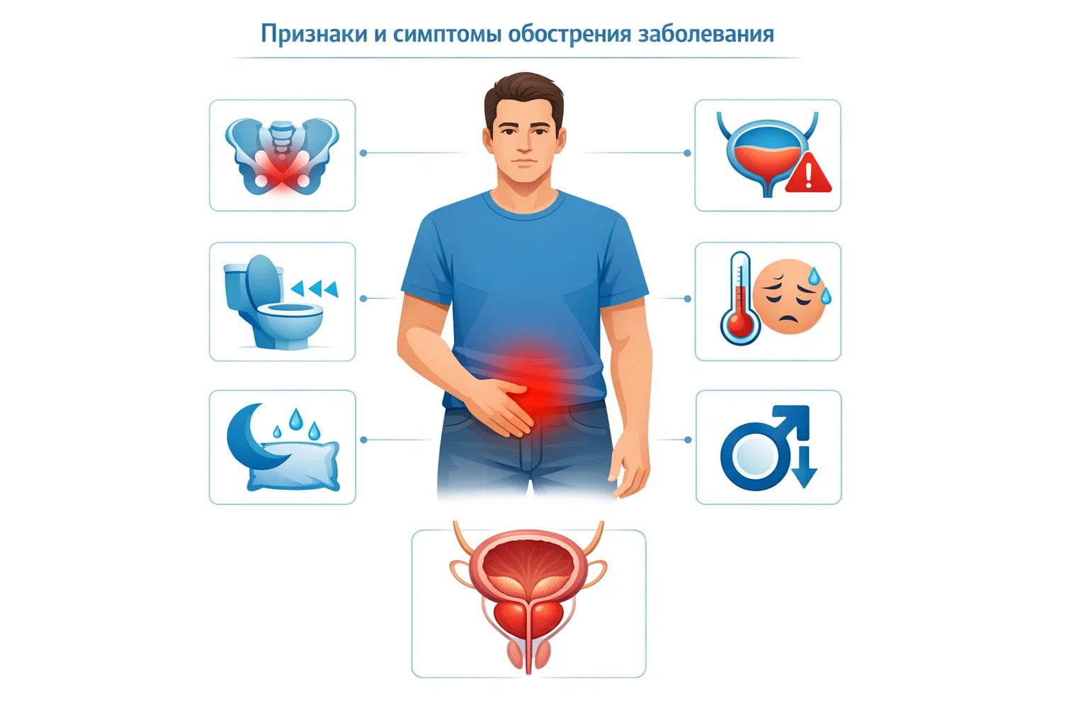 Инфографика с симптомами обострения простатита: боль, температура, жжение, частые позывы, слабость и снижение сексуальной функции.