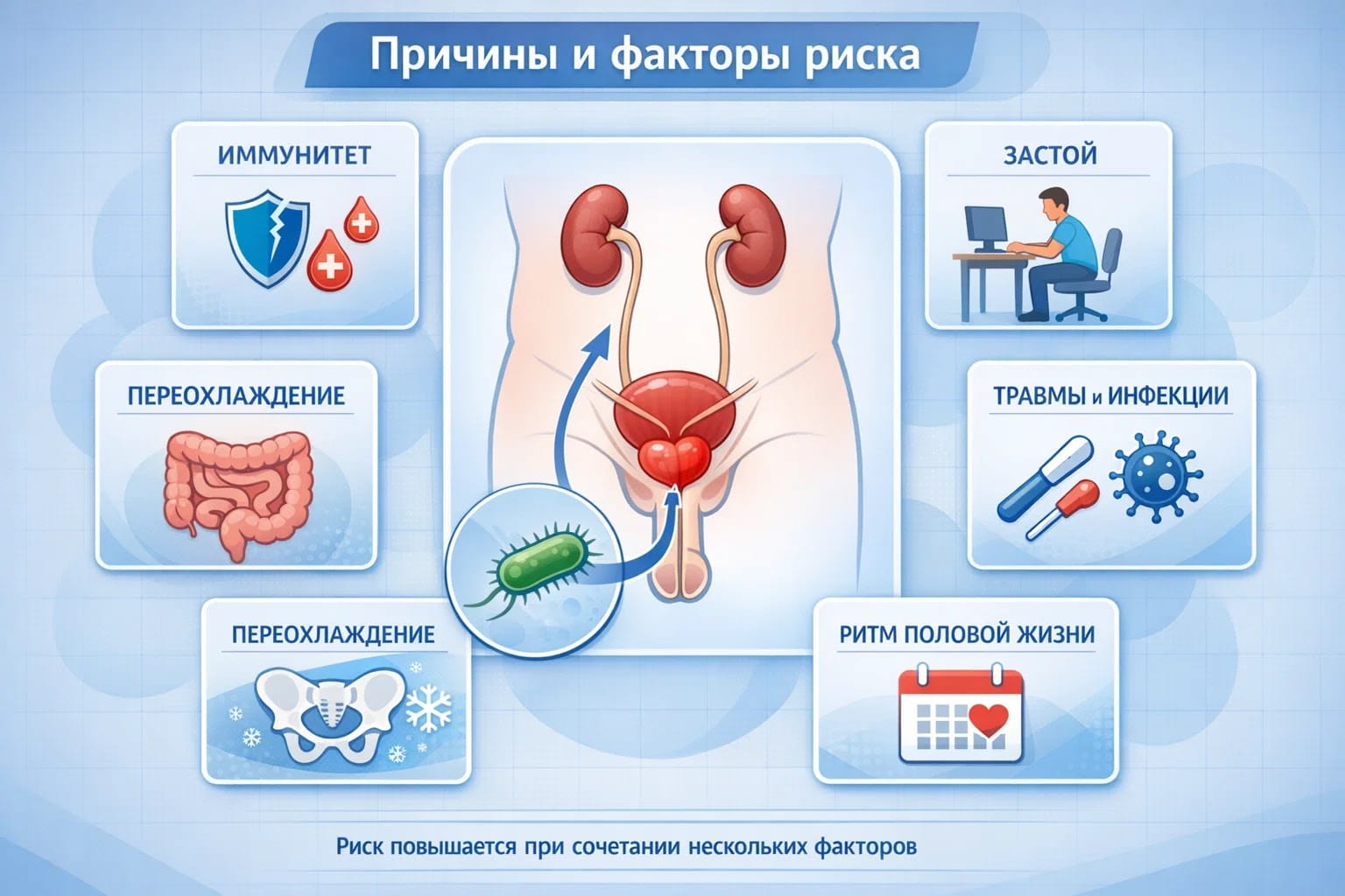 Инфографика о причинах и факторах риска кишечной палочки в простате: иммунодефицит, застой крови, переохлаждение, травмы уретры и нарушения половой жизни.