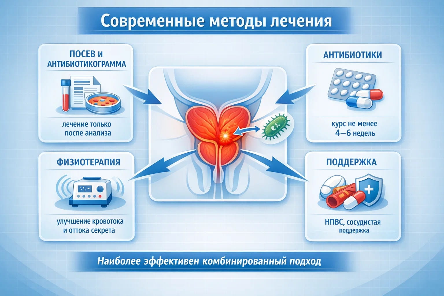 Инфографика о лечении простатита, вызванного кишечной палочкой: анализы, антибиотики, физиотерапия и поддерживающая терапия.