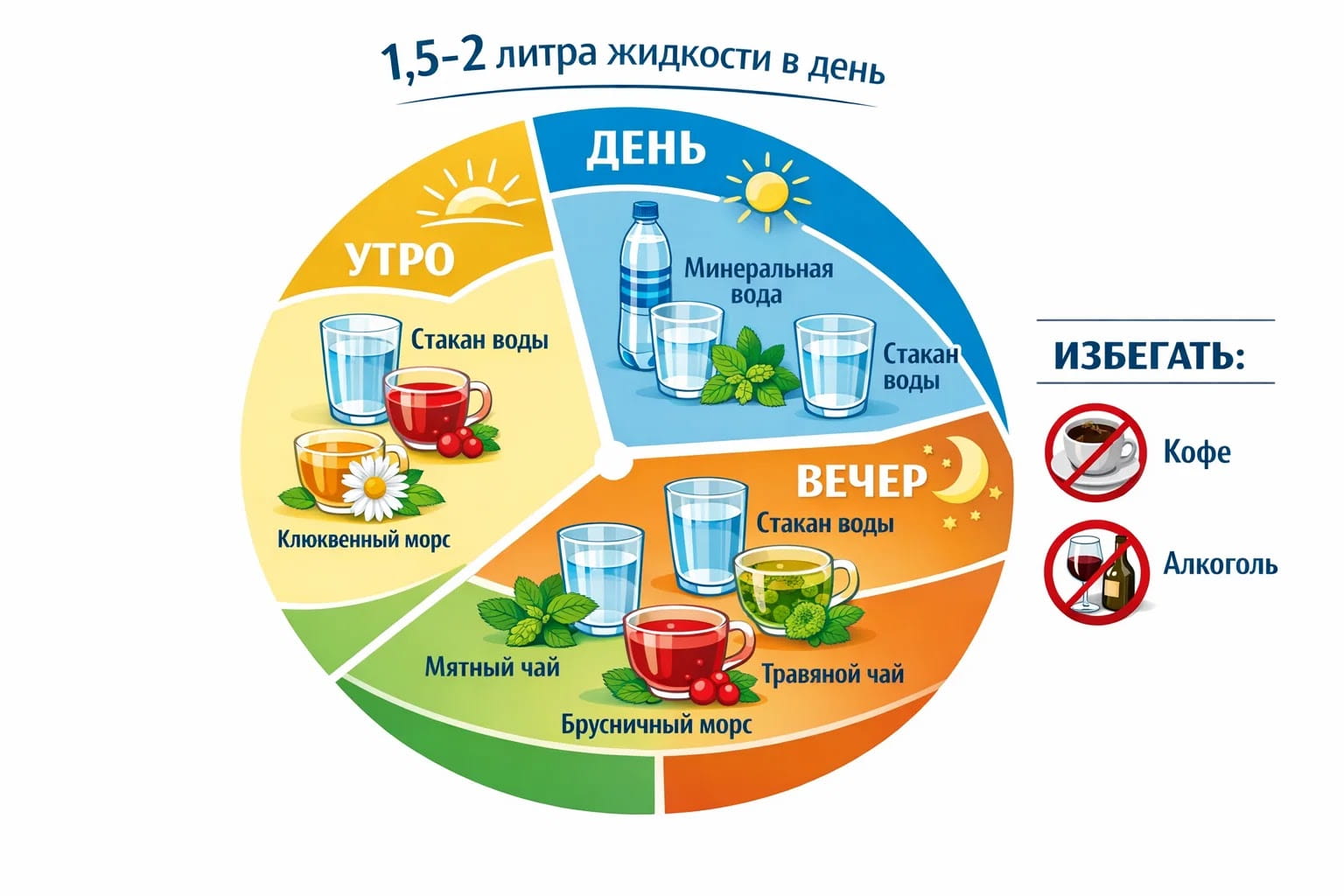 Питьевой режим для восстановления мочевыделительной системы: стакан воды, клюквенный морс и чай.