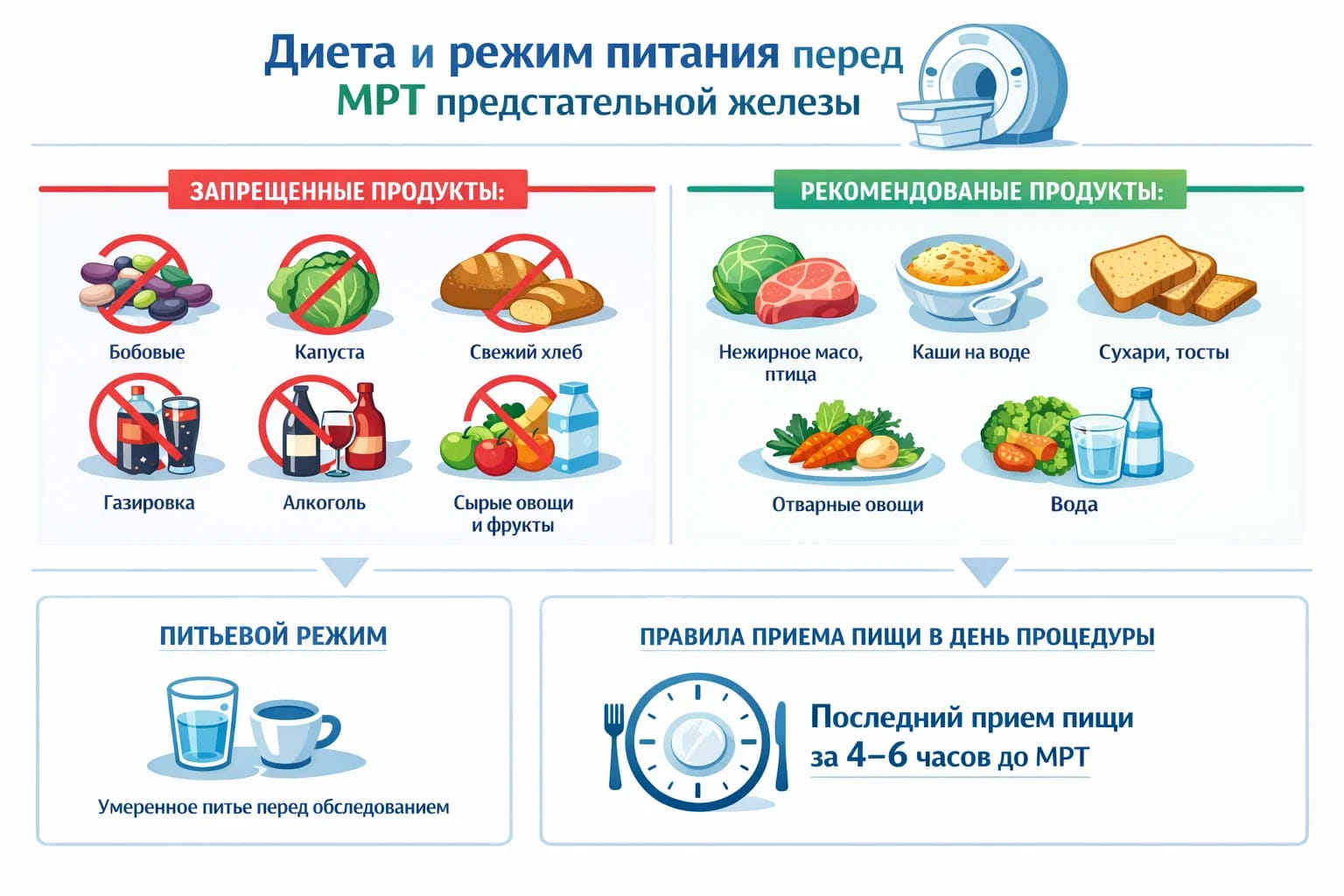 Инфографика о питании перед МРТ простаты: разрешенные продукты, ограничения и питьевой режим.
