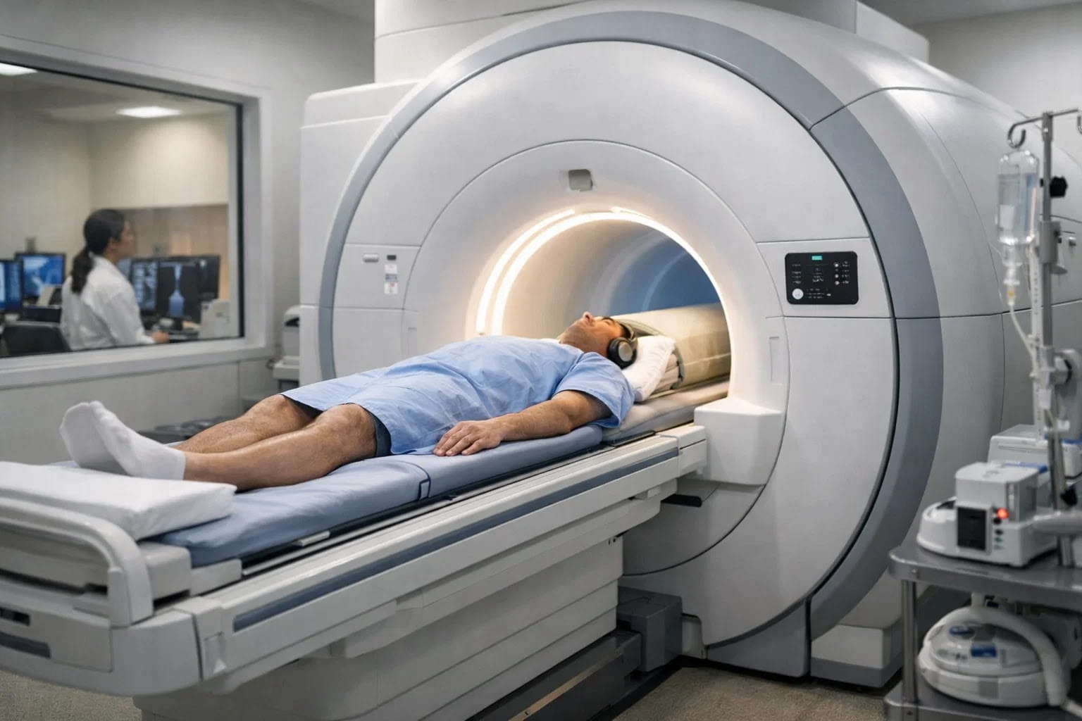 Пациент лежит на столе томографа во время МРТ, идет процедура сканирования в современном кабинете.