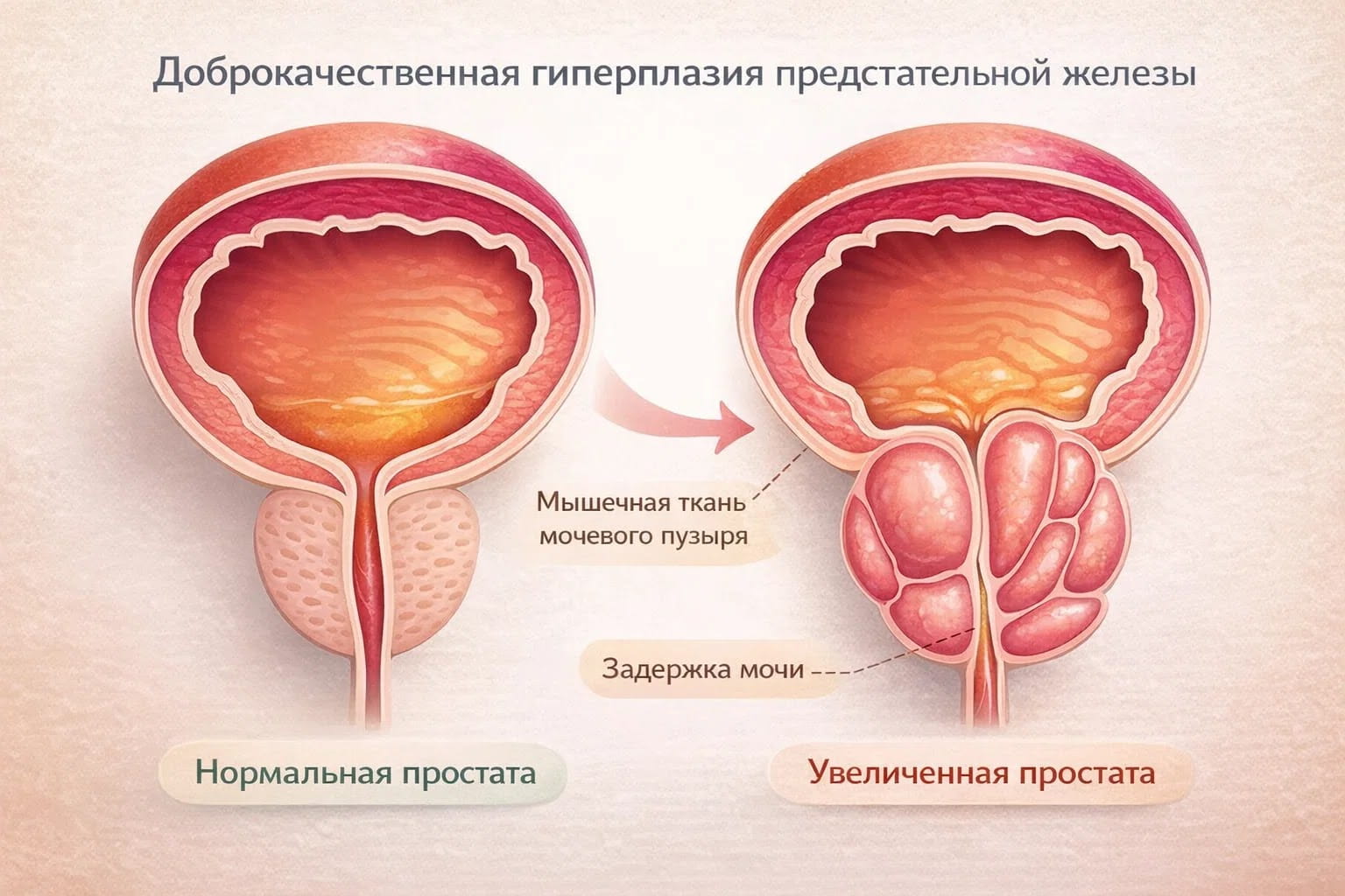 Схема доброкачественной гиперплазии предстательной железы и задержки мочи.
