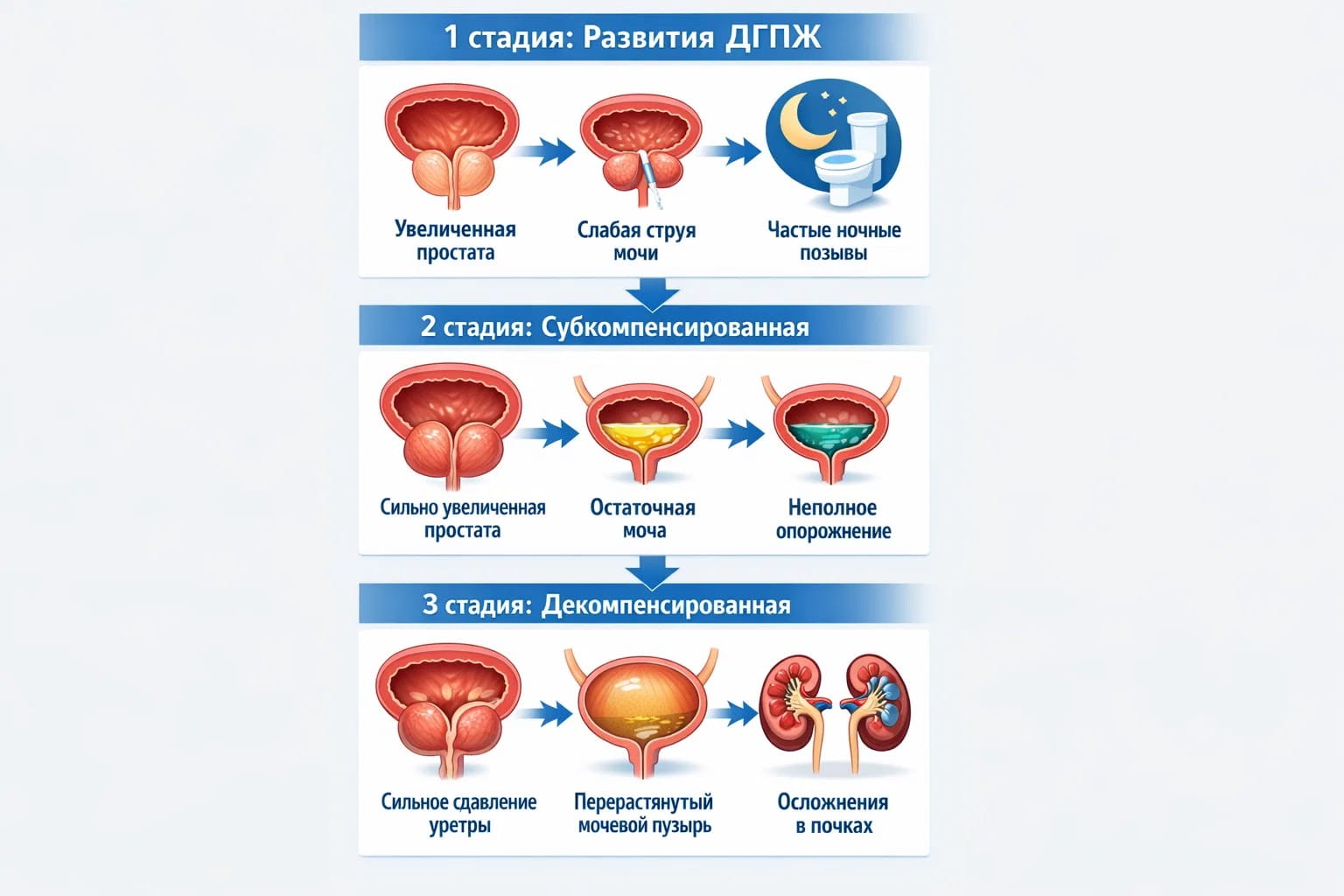 Инфографика: три стадии развития ДГПЖ, остаточная моча и перерастянутый мочевой пузырь.
