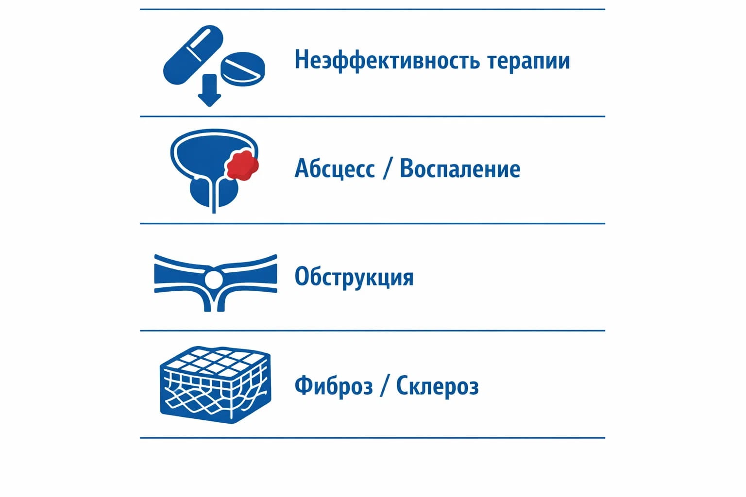 Показания к операции при простатите: фиброз, склероз, обструкция и неэффективность терапии.