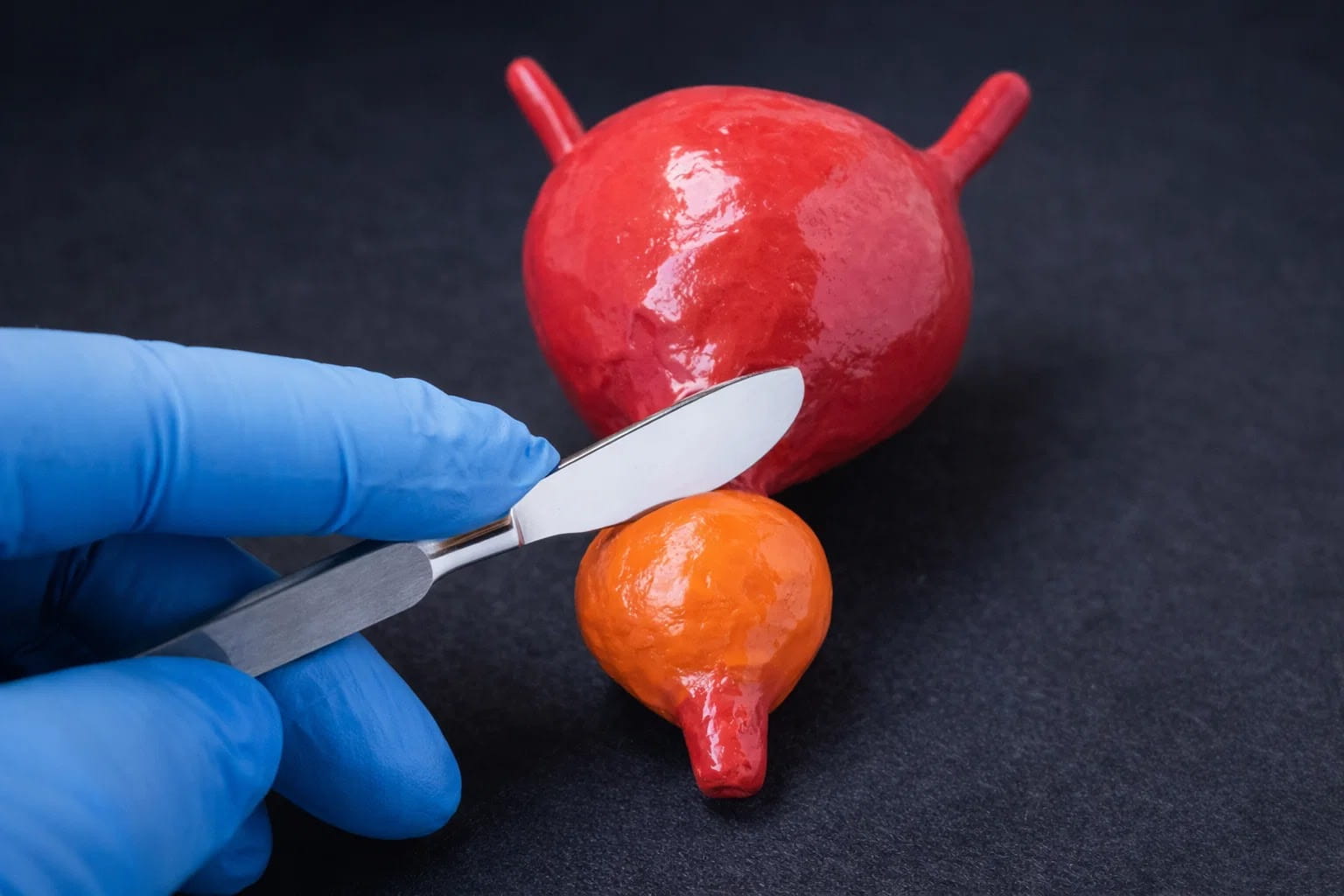 Хирургическое вмешательство при простатите с использованием скальпеля на макете мочеполовой системы.