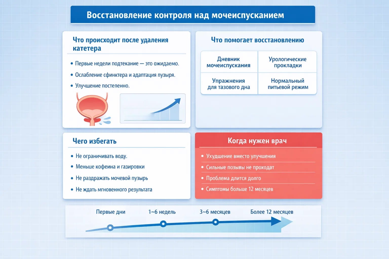 Инфографика с этапами восстановления мочеиспускания после удаления простаты: что происходит, что делать, чего избегать и когда обращаться к врачу.