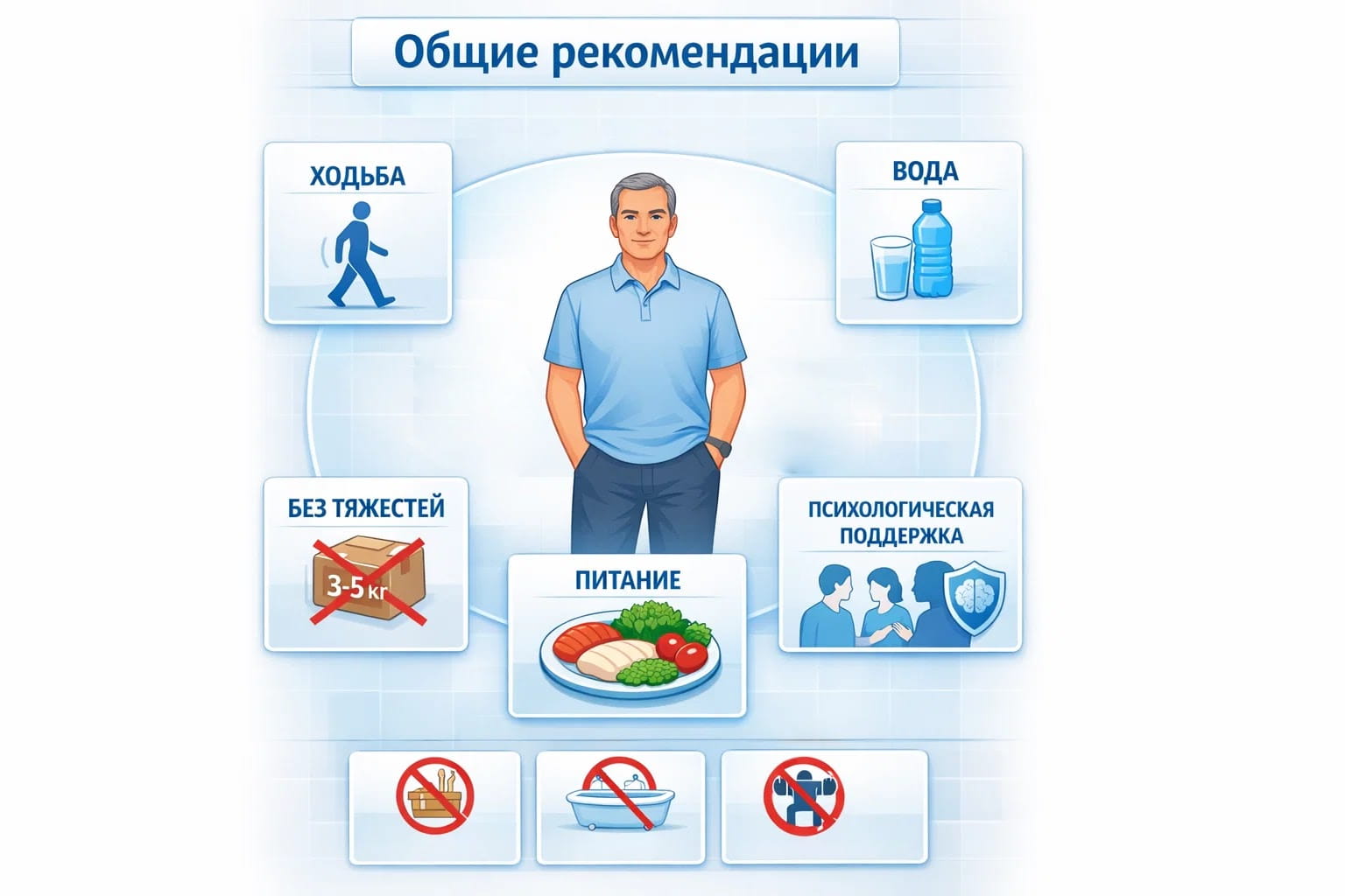 Инфографика с общими рекомендациями после удаления простаты: питание, ходьба, ограничение тяжестей, вода и психологическая поддержка.