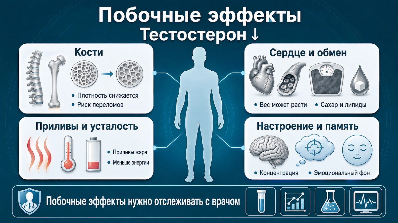 Медицинская инфографика о возможных побочных эффектах гормонотерапии при раке простаты: кости, сердце, обмен веществ, приливы, усталость и настроение.