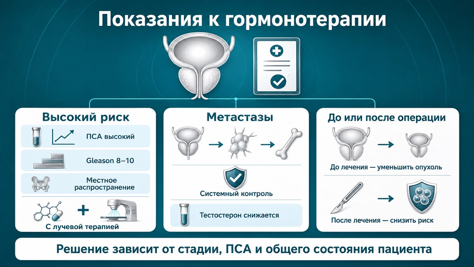 Медицинская инфографика о трёх основных ситуациях, когда назначают гормонотерапию при раке простаты: высокий риск, метастазы, лечение до или после операции.