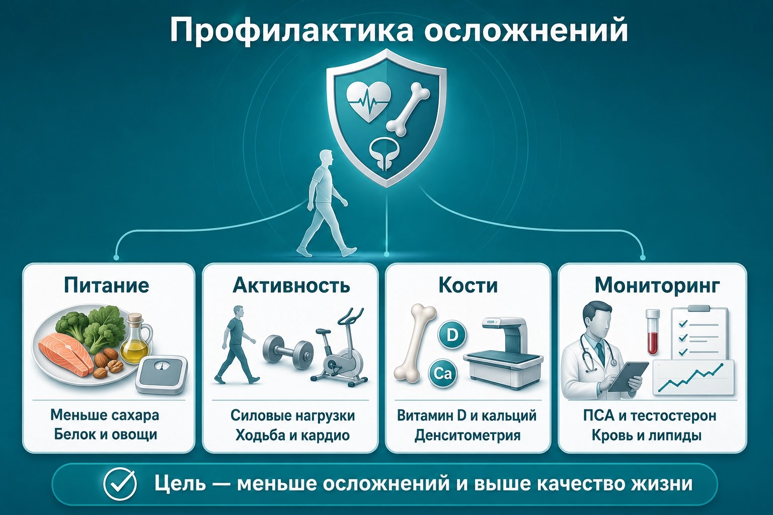 Медицинская инфографика о профилактике осложнений гормонотерапии: питание, физическая активность, поддержка костей и регулярный мониторинг.