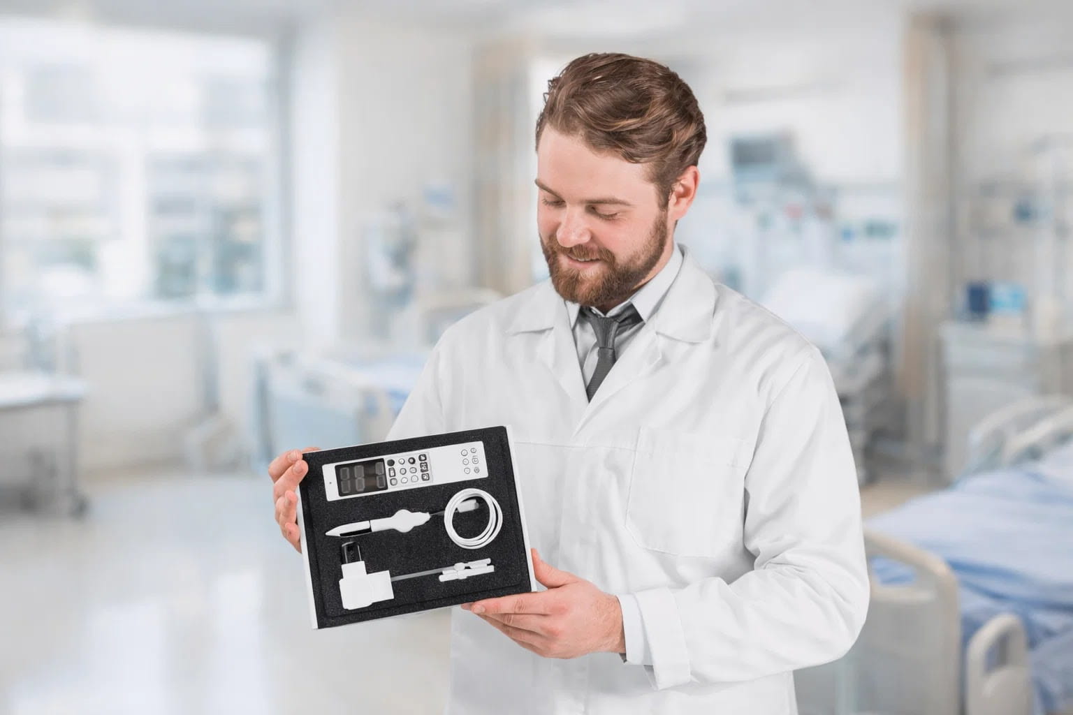 Врач держит аппарат Смарт Прост для эффективного лечения и профилактики мужских заболеваний.