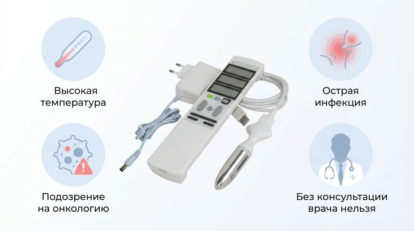Инфографика с противопоказаниями к использованию физиоаппарата при лечении простатита.
