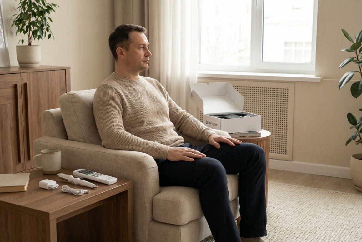 Мужчина в домашней обстановке рядом с медицинским аппаратом Смарт Прост.