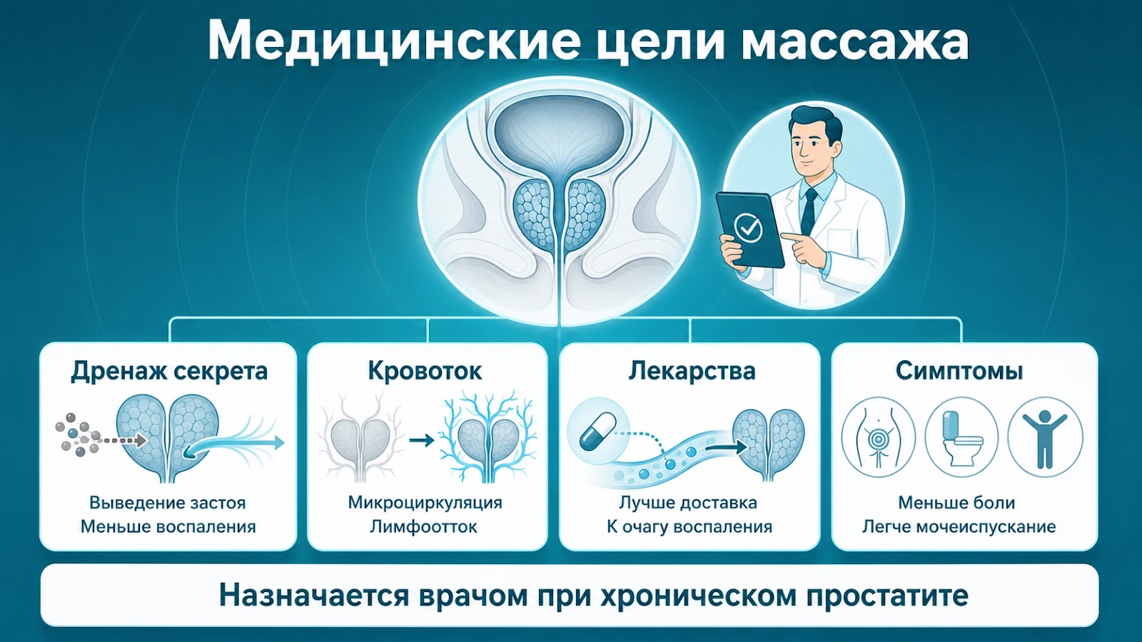 Медицинская инфографика о терапевтических целях массажа простаты: дренаж секрета, микроциркуляция, доставка лекарств и уменьшение симптомов.
