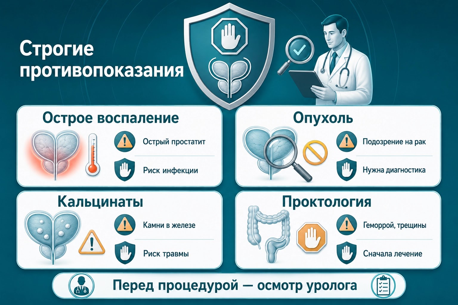 Медицинская инфографика о противопоказаниях к стимуляции простаты: острое воспаление, опухоль, кальцинаты и проктологические заболевания.