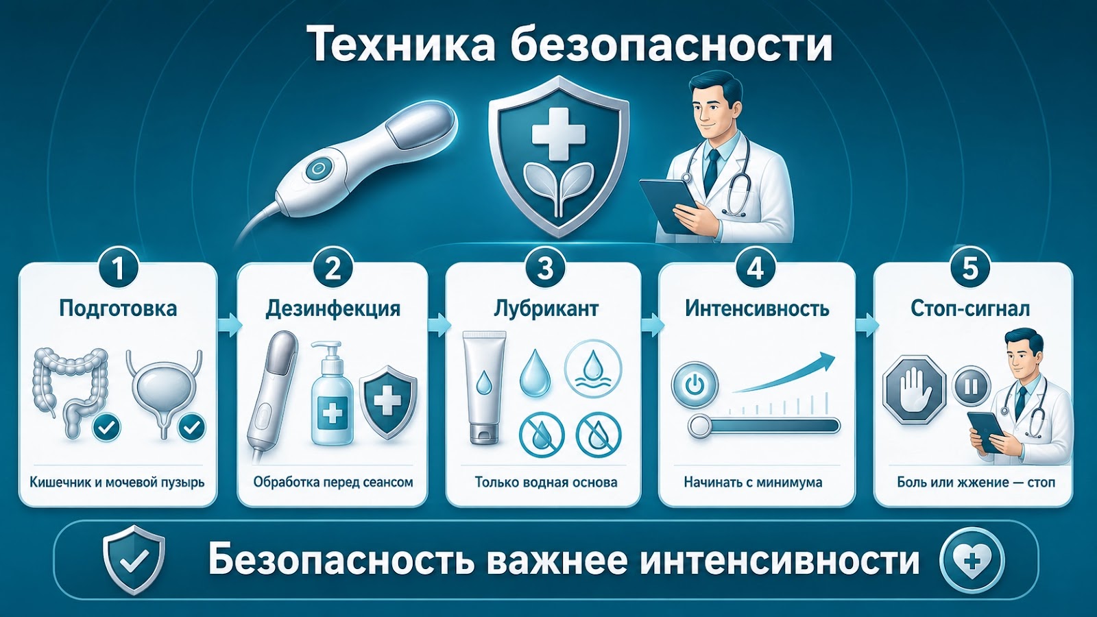 Медицинская инфографика о безопасности применения массажера простаты: подготовка, дезинфекция, водный лубрикант, минимальная интенсивность и остановка при боли.