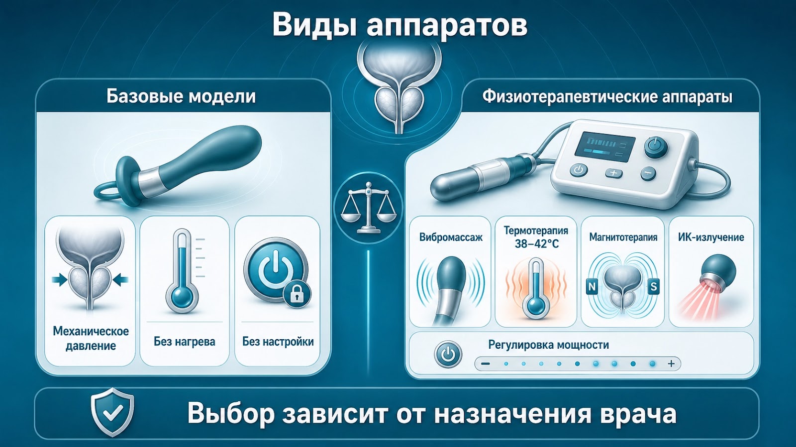 Медицинская инфографика о видах массажеров простаты и физиотерапевтических аппаратов: базовые силиконовые модели и многофункциональные устройства с вибрацией, теплом, магнитотерапией и ИК-излучением.
