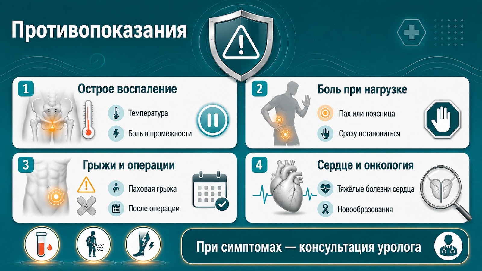 Медицинская инфографика о противопоказаниях к упражнениям для потенции: острое воспаление, боль, паховая грыжа, сердечно-сосудистые заболевания и необходимость консультации врача.