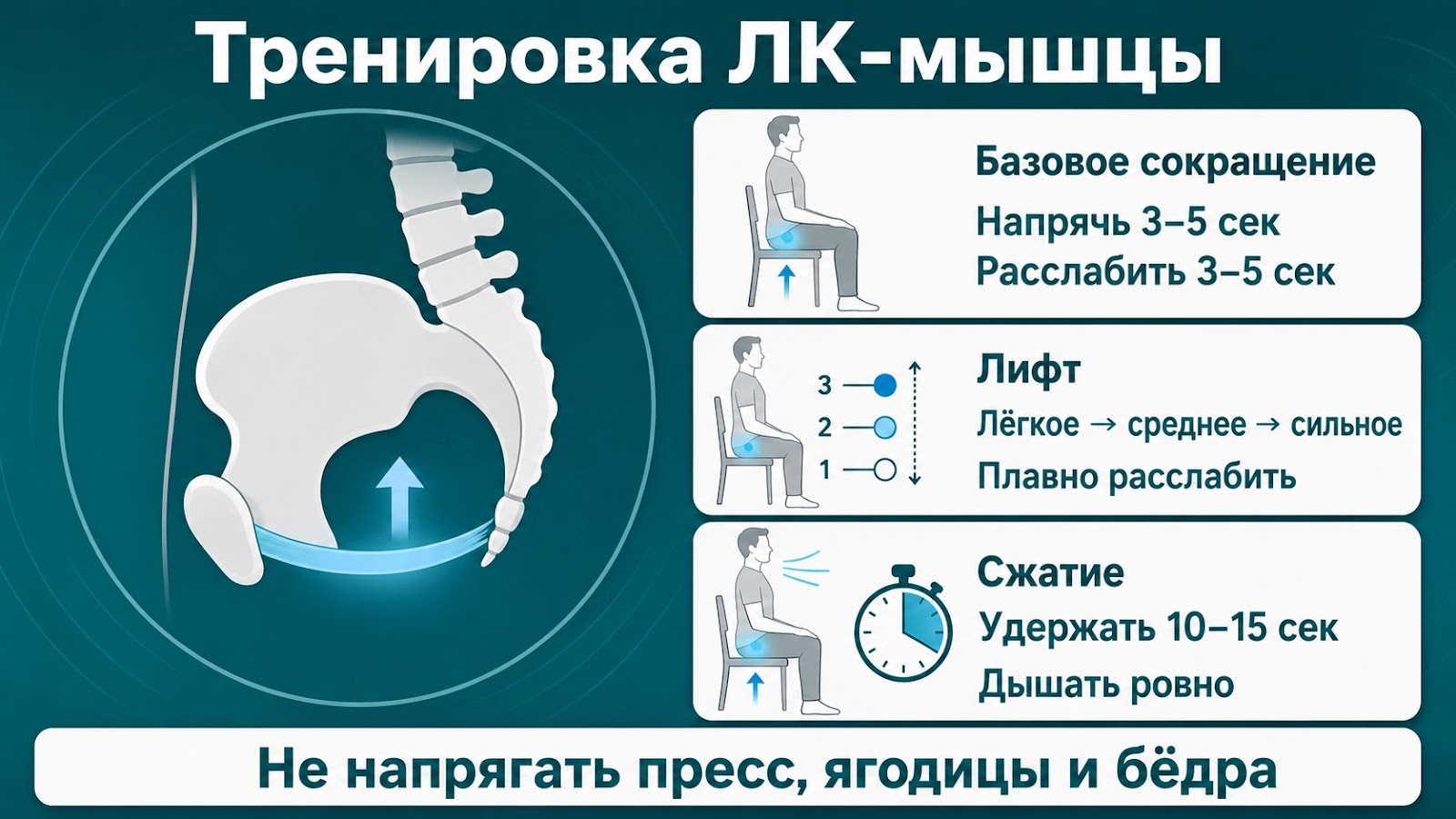 Схематичная медицинская иллюстрация тренировки ЛК-мышцы: базовое сокращение, расслабление, упражнение лифт и сжатие.