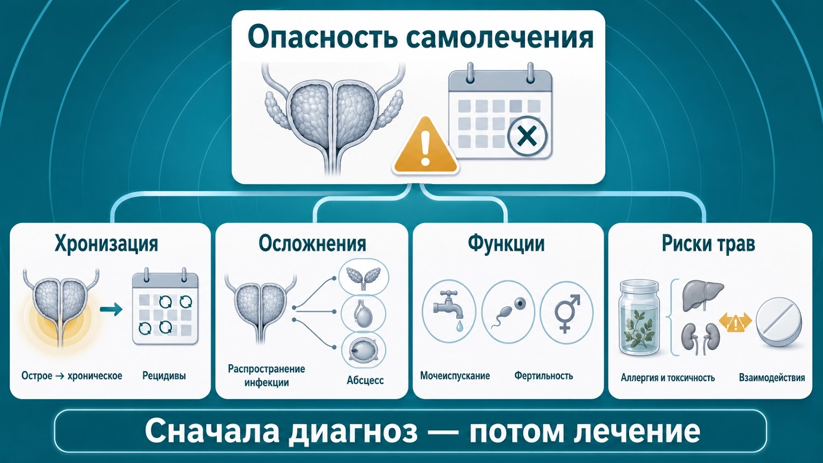 Медицинская инфографика о рисках самолечения простатита: хронизация, осложнения, нарушение мочеиспускания и побочные эффекты фитотерапии.