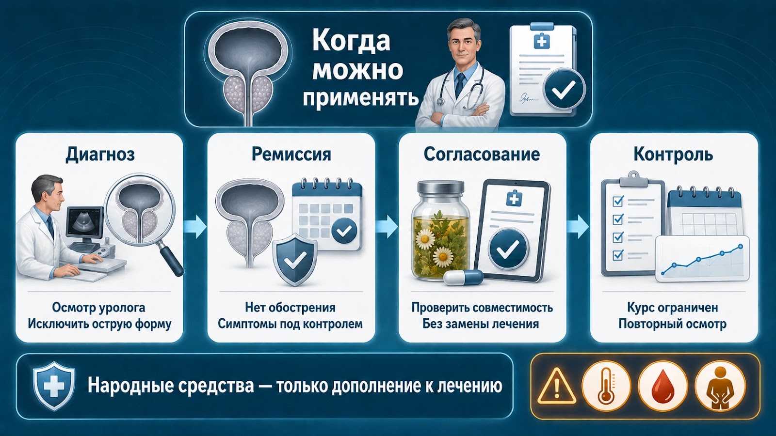 Медицинская инфографика о том, когда допустимы народные средства при простатите: ремиссия, консультация уролога, совместимость с лечением и контроль симптомов.