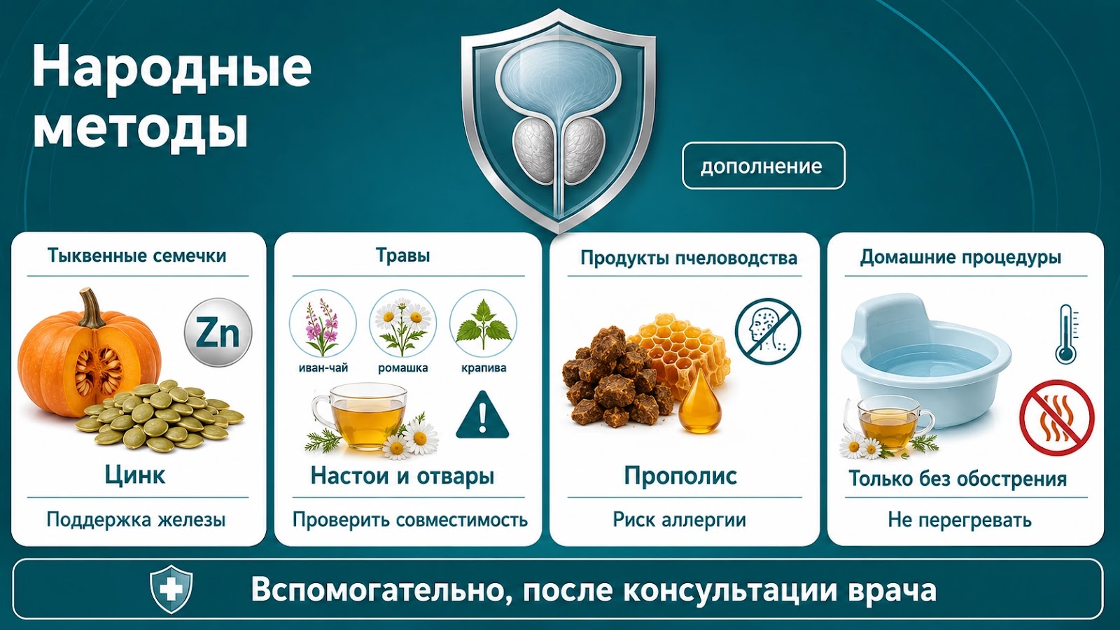 Медицинская инфографика о народных методах при простатите и аденоме: тыквенные семечки, травы, продукты пчеловодства и домашние процедуры как вспомогательные средства.