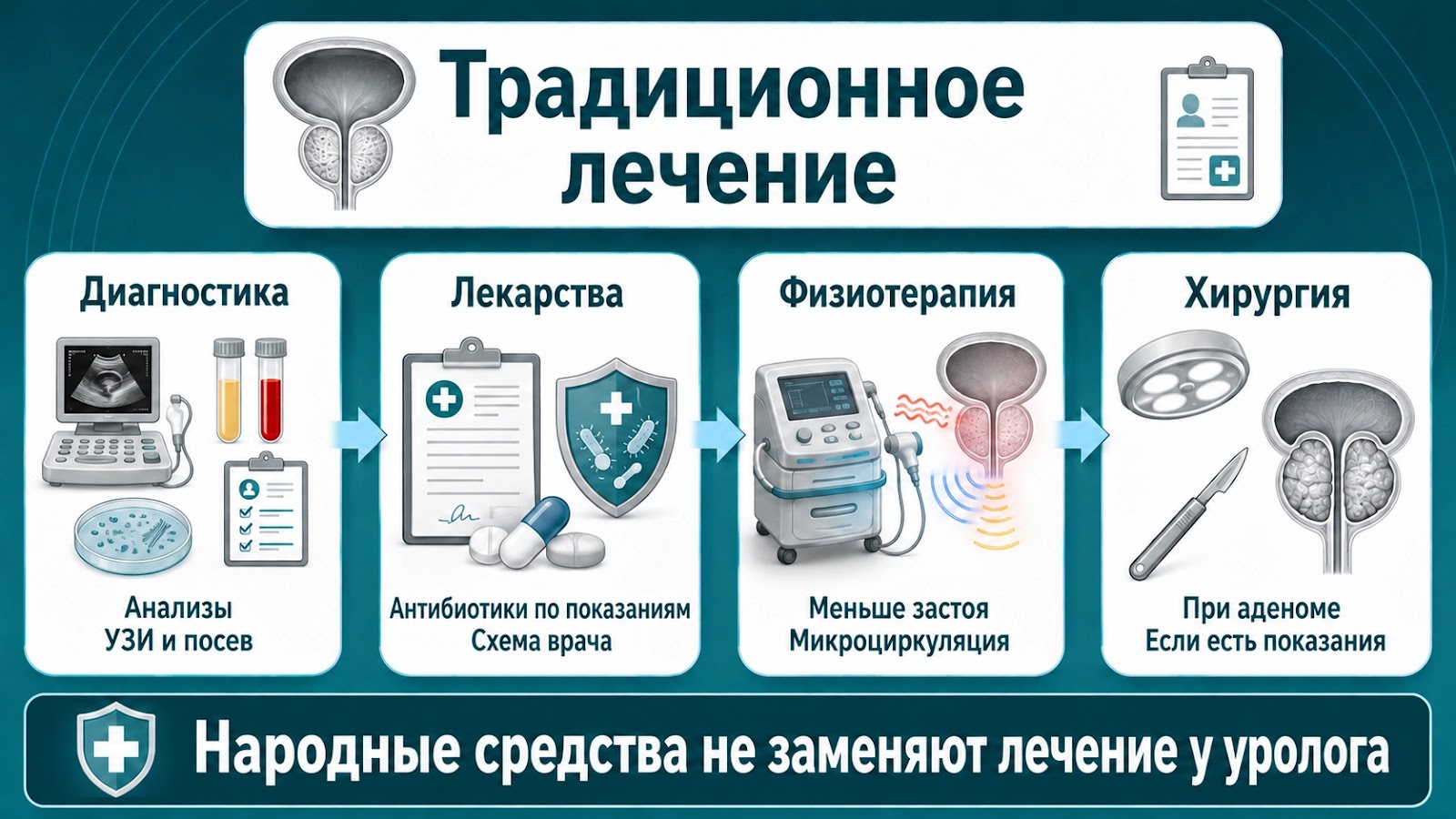 Медицинская инфографика о традиционных методах лечения простатита и аденомы: диагностика, лекарства, физиотерапия и хирургия при показаниях.