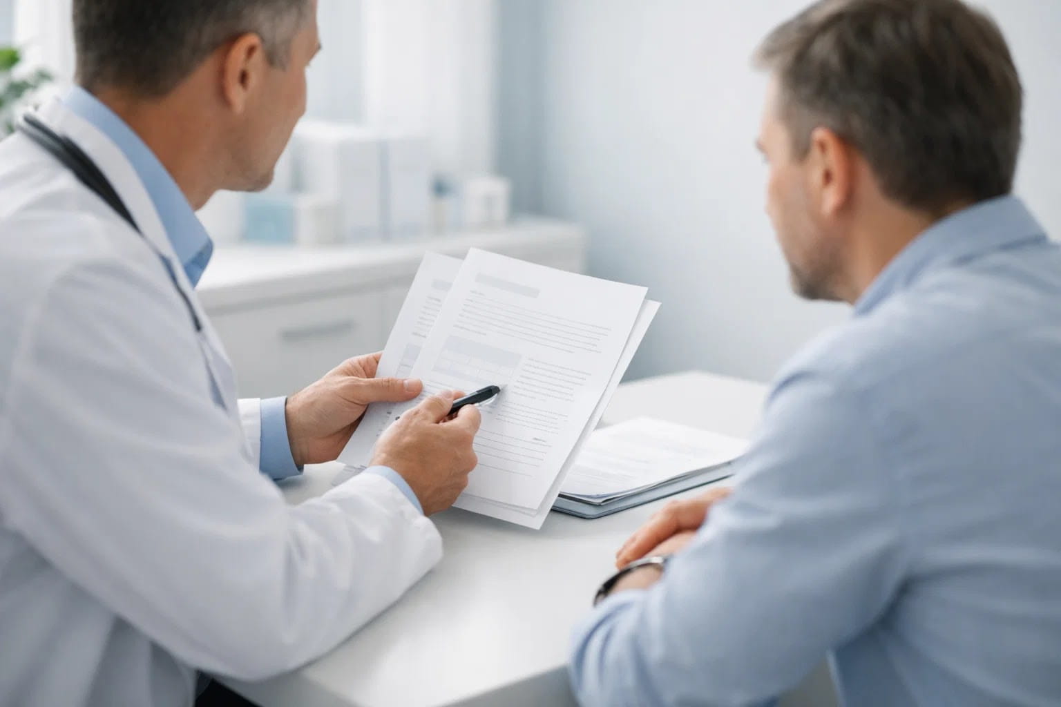Врач на приеме показывает пациенту бумаги с результатами обследования.