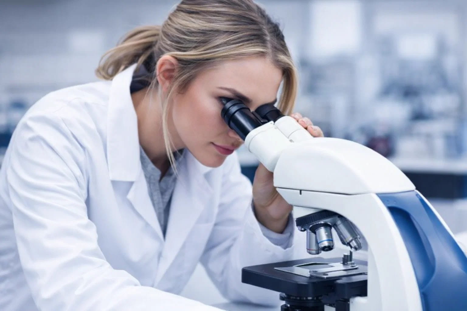 Научные исследования в лаборатории с использованием микроскопа для изучения микропрепаратов.