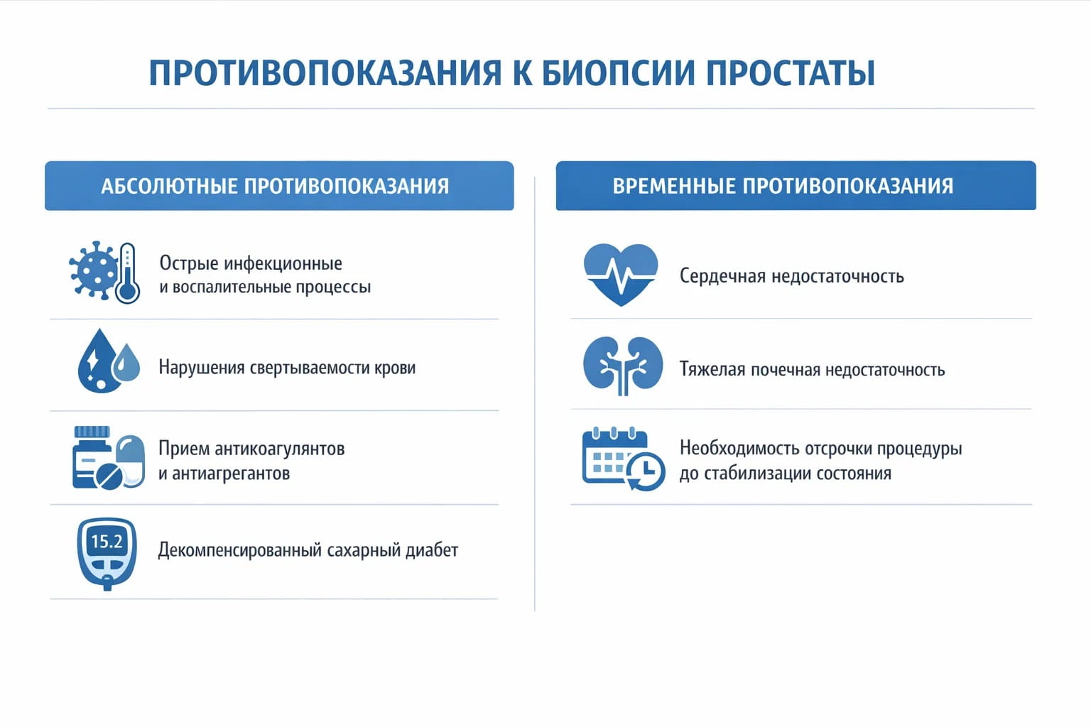Инфографика о противопоказаниях к биопсии простаты: инфекции, нарушение свертываемости, антикоагулянты и тяжелые хронические состояния.