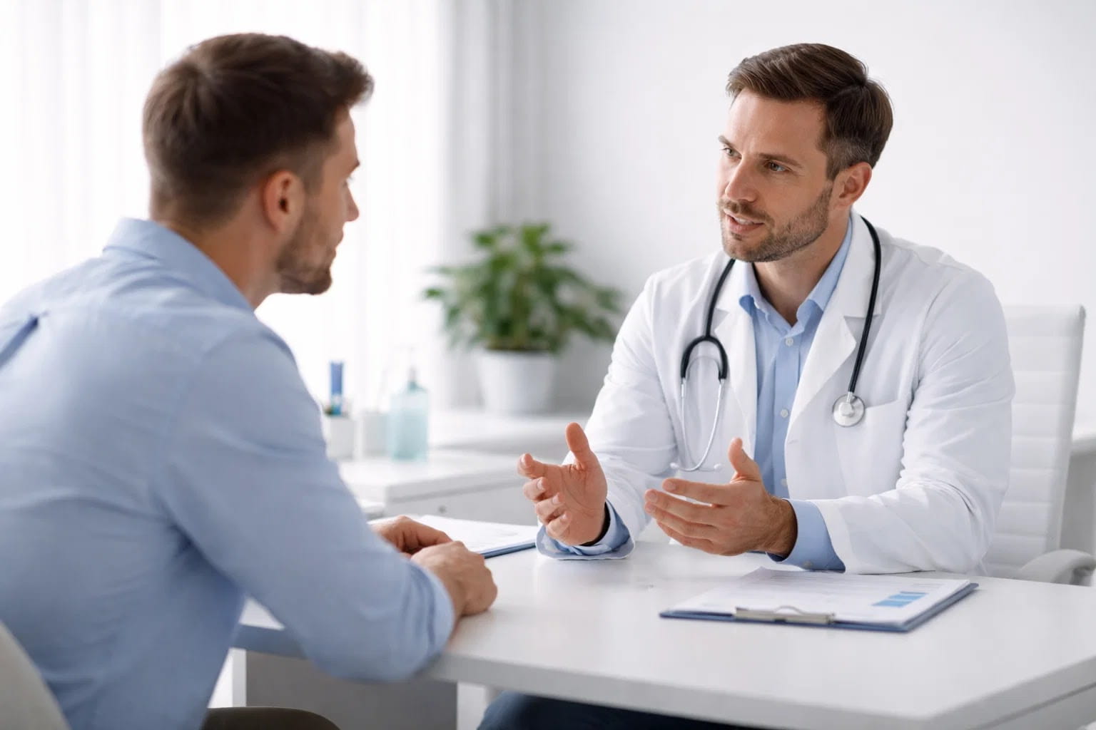 Врач и пациент сидят друг напротив друга на приеме в современном кабинете, идет спокойная беседа.