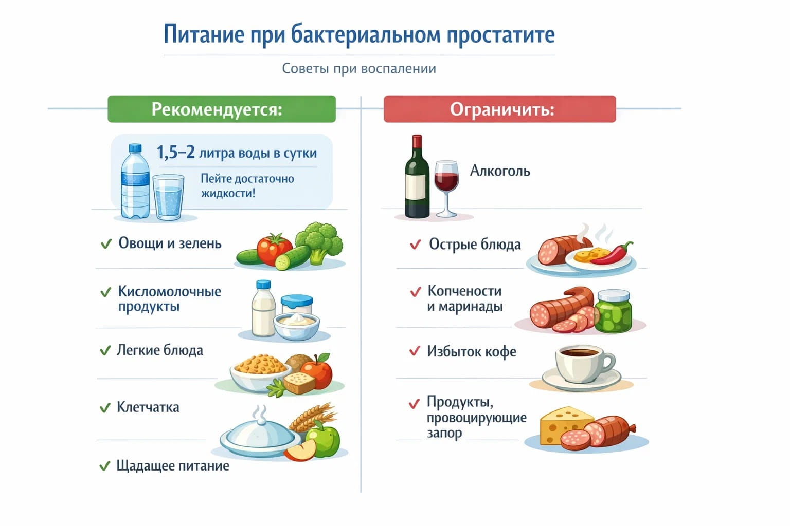 Инфографика о питании при бактериальном простатите: полезные продукты, вода и ограничения в еде и алкоголе.