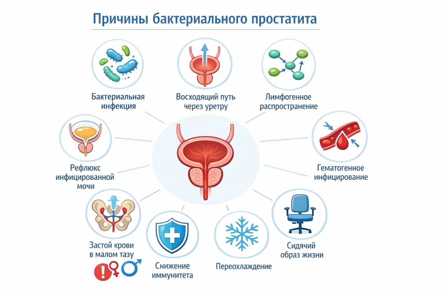 Инфографика о причинах бактериального простатита с иконками бактерий, мочевыводящих путей, воспаления и факторов риска.