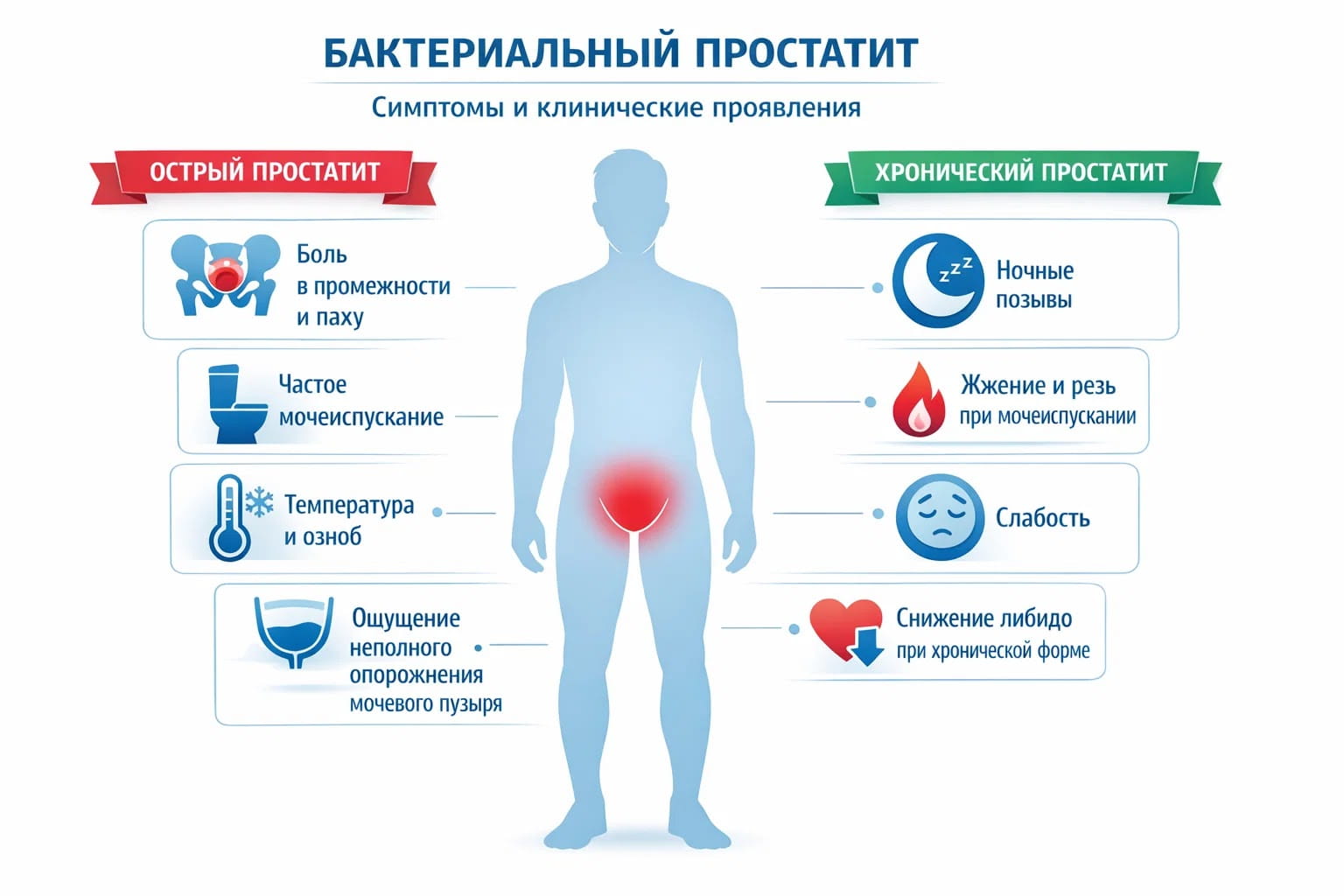 Инфографика с основными симптомами бактериального простатита: боль, частое мочеиспускание, жжение, температура и слабость.