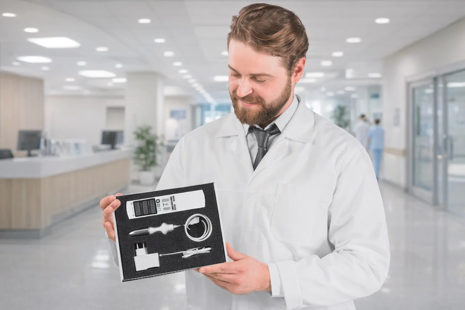 Аппарат Смарт Прост в руках специалиста для проведения физиотерапевтических процедур.